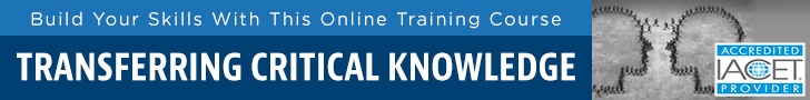 Banner promoting APQC's Transferring Critical Knowledge Online Training Course with the image of two outlines of heads facing each other. The head outlines are made up of small figures of people walking and there is a line of people walking going from the top of one head to the other